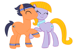 Size: 1865x1253 | Tagged: safe, artist:brightstar40k, derpibooru import, oc, oc only, oc:blitz ace, oc:violet star, earth pony, pony, clothes, couple, duo, duo male and female, female, kiss on the cheek, kissing, love, male, romance, romantic, scarf, simple background, sweatband, white background