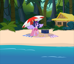 Size: 12611x10949 | Tagged: safe, artist:brightstar40k, derpibooru import, twilight sparkle, twilight sparkle (alicorn), alicorn, pony, beach, beach towel, forest, jungle, nature, ocean, palm tree, princess aurora, sleeping beauty, solo, tree, vacation, water