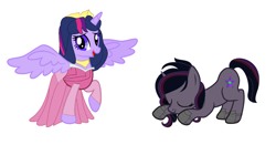 Size: 3877x2025 | Tagged: safe, artist:brightstar40k, derpibooru import, twilight sparkle, twilight sparkle (alicorn), oc, oc:crystal sparkle, alicorn, pony, unicorn, bowing, duo, duo female, female, horn, mother and child, mother and daughter, parent and child, princess aurora, simple background, sleeping beauty, white background