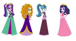 Size: 1320x712 | Tagged: safe, artist:brightstar40k, derpibooru import, adagio dazzle, aria blaze, sonata dusk, twilight sparkle, siren, equestria girls, g4, princess aurora, simple background, sleeping beauty, the dazzlings, white background