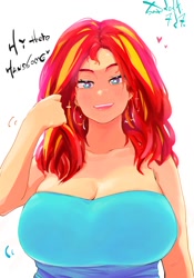 Size: 1400x2000 | Tagged: safe, artist:sozglitch, derpibooru import, sunset shimmer, human, g4, bare shoulder portrait, bare shoulders, big breasts, blush lines, blushing, breasts, bust, cleavage, clothes, ear piercing, earring, heart, hooped earrings, huge breasts, humanized, jewelry, lidded eyes, looking at you, piercing, playing with hair, simple background, smiling, smiling at you, solo, sparkles, sunset jiggler, talking to viewer, white background