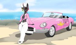 Size: 7906x4754 | Tagged: safe, artist:mairiathus, derpibooru import, anthro, changeling, breasts, car, high heels, jaguar e type, ocean, red changeling, shoes, sky, solo, water