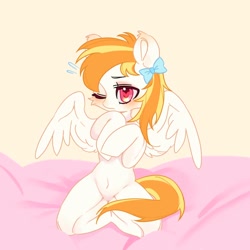 Size: 750x750 | Tagged: safe, derpibooru import, oc, oc only, oc:derpy cat, pegasus, pony, belly, belly button, blushing, featureless crotch, female, hair over one eye, heart, heart eyes, kneeling, mare, one eye closed, partially open wings, solo, spread wings, wingding eyes, wings