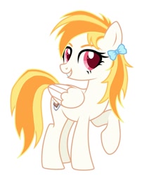 Size: 750x926 | Tagged: safe, derpibooru import, oc, oc only, oc:derpy cat, pegasus, pony, bow, female, hair bow, raised hoof, raised leg, simple background, smiling, solo, white background