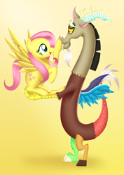 Size: 2480x3508 | Tagged: safe, artist:leonkay, derpibooru import, discord, fluttershy, draconequus, pony, boop, cute, daaaaaaaaaaaw, duo, duo male and female, female, gradient background, male, shyabetes, weapons-grade cute