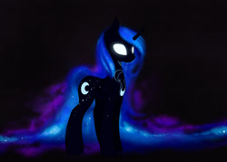 Size: 1600x1147 | Tagged: safe, artist:magnaluna, derpibooru import, princess luna, alicorn, pony, g4, ethereal mane, ethereal tail, female, folded wings, glowing, glowing eyes, horn, mare, solo, tail, wings