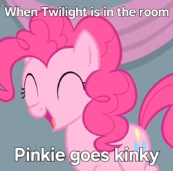 Size: 446x440 | Tagged: safe, artist:trrrebleee, derpibooru import, edit, edited screencap, screencap, pinkie pie, earth pony, pony, equestria games (episode), g4, caption, cropped, implied twilight sparkle, kinkie pie, meme, solo, text