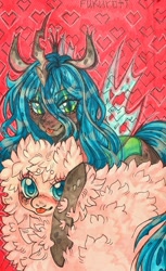 Size: 1086x1780 | Tagged: safe, artist:fukuroti, derpibooru import, queen chrysalis, oc, oc:fluffle puff, changeling, changeling queen, pony, :p, duo, female, heart, looking at you, on top, tongue, tongue out, traditional art