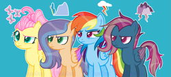 Size: 1403x635 | Tagged: safe, artist:ruganiacross, derpibooru import, fluttershy, rainbow dash, oc, oc:feather fall, oc:purple rain, pegasus, pony, alternate hairstyle, base used, blue background, eyebrows, family, female, flutterdash, folded wings, frown, group, lesbian, magical lesbian spawn, mare, offspring, parent:fluttershy, parent:rainbow dash, parents:flutterdash, pegasus oc, quartet, raised eyebrow, shipping, simple background, watermark, wings