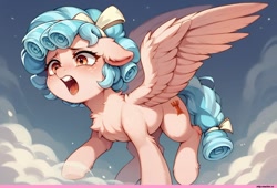 Size: 1152x782 | Tagged: safe, ai content, derpibooru import, machine learning generated, cozy glow, pegasus, pony, g4, female, open mouth, prompter needed, sky background, solo