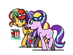 Size: 1800x1350 | Tagged: safe, artist:flutterluv, derpibooru import, starlight glimmer, sunset shimmer, pony, unicorn, g4, cup, deadpool, deadpool and wolverine, duo, food, horn, magic, marvel, mask, popcorn, simple background, smiling, telekinesis, walking, white background, wolverine