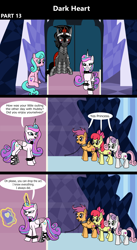 Size: 1920x3516 | Tagged: safe, artist:platinumdrop, derpibooru import, apple bloom, aquamarine, king sombra, princess flurry heart, scootaloo, sweetie belle, alicorn, earth pony, pegasus, pony, unicorn, comic:dark heart, g4, 3 panel comic, abuse, alternate timeline, applebuse, armor, blushing, book, chains, collar, comic, commission, crystal, crystal castle, crystal empire, curved horn, cutie mark crusaders, dark crystal, dialogue, diary, evil flurry heart, female, flurry heart is amused, folded wings, glowing, glowing horn, horn, husband and wife, indoors, looking at each other, looking at someone, magic, magic aura, male, mare, married couple, older, older apple bloom, older aquamarine, older cmc, older flurry heart, older scootaloo, older sweetie belle, scootabuse, ship:flurrybra, shipping, sitting, slave, slave collar, smiling, smug, smug smile, speech bubble, spiked collar, spiked wristband, stallion, straight, sweetiebuse, telekinesis, throne, throne room, victorious villain, walking, wall of tags, wings, wristband