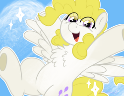 Size: 1348x1048 | Tagged: safe, artist:bluemoon, derpibooru import, surprise, pegasus, pony, g1, belly, female, flying, happy, mare, solo