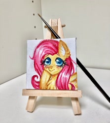 Size: 1828x2048 | Tagged: safe, artist:puffyrin, derpibooru import, fluttershy, pegasus, pony, blushing, bust, canvas, female, frown, mare, solo, traditional art