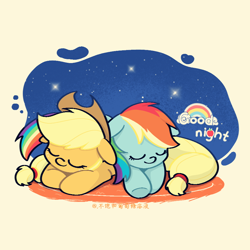 Size: 900x900 | Tagged: safe, artist:candywang12648, derpibooru import, applejack, rainbow dash, earth pony, pegasus, pony, appledash, eyes closed, female, lesbian, lying down, lying on top of someone, prone, shipping, simple background, yellow background