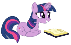 Size: 900x568 | Tagged: safe, artist:kurosakisoarin, derpibooru import, twilight sparkle, unicorn twilight, pony, unicorn, g4, book, cute, female, grin, lying down, magic, magic aura, mare, prone, sheepish grin, simple background, smiling, solo, transparent background, twiabetes