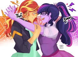 Size: 1440x1057 | Tagged: safe, artist:inkrred, derpibooru import, sci-twi, sunset shimmer, twilight sparkle, human, equestria girls, g4, blushing, female, heart, lesbian, sci-twishimmer, shipping, sunsetsparkle