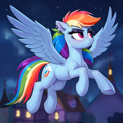 Size: 1024x1024 | Tagged: safe, ai content, derpibooru import, generator:pony diffusion v6 xl, generator:stable diffusion, machine learning generated, rainbow dash, pegasus, pony, g4, book, female, flying, frown, mare, night, prompter:thelight3d, solo, wings