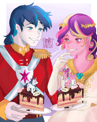 Size: 1440x1800 | Tagged: safe, artist:inkrred, derpibooru import, princess cadance, shining armor, human, a canterlot wedding, g4, cake, female, food, male, meme, shiningcadance, shipping, straight, the bride and the ugly ass groom, wedding cake