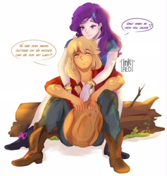 Size: 1940x2048 | Tagged: safe, artist:inkrred, derpibooru import, applejack, rarity, equestria girls, g4, female, hug, hug from behind, lesbian, log, nickname, rarijack, shipping, simple background, sitting, white background