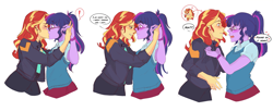 Size: 3675x1500 | Tagged: safe, artist:inkrred, derpibooru import, sci-twi, sunset shimmer, twilight sparkle, equestria girls, g4, 3 panel comic, blushing, clothes, comic, female, kissing, lesbian, sci-twishimmer, shipping, spoken heart, sunsetsparkle, surprise kiss