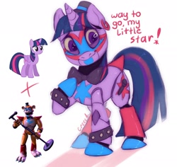 Size: 2048x1936 | Tagged: safe, artist:crees-a, derpibooru import, twilight sparkle, twilight sparkle (alicorn), alicorn, pony, robot, robot pony, unicorn, g4, animatronic, bow, bowtie, crossover, dialogue, ear piercing, earring, female, five nights at freddy's, five nights at freddy's: security breach, freddy fazbear, fusion, glam rock, glamrock freddy, hat, horn, jewelry, looking at you, male, mare, microphone, piercing, ponified, pose, purple coat, purple mane, roboticization, rockstar, signature, simple background, smiling, solo, species swap, speech bubble, stallion, tail, tail bow, title card, two toned mane, two toned tail, unshorn fetlocks, video game crossover, white background