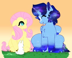 Size: 1600x1300 | Tagged: safe, derpibooru import, angel bunny, fluttershy, oc, oc:blue thunder, alicorn, pegasus, dawn, smiling