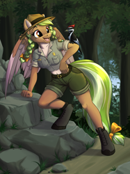 Size: 1040x1390 | Tagged: safe, artist:sirzi, derpibooru import, oc, oc only, oc:sylvia evergreen, anthro, bird, pegasus, unguligrade anthro, bow, braid, clothes, colored wings, female, forest, freckles, midriff, nature, open mouth, open smile, outdoors, partially open wings, pegasus oc, ranger, shorts, smiling, solo, tail, tail bow, tree, two toned wings, wings, woodpecker