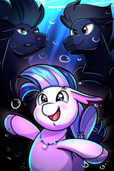 Size: 2000x3000 | Tagged: safe, artist:littletigressda, derpibooru import, silverstream, seapony (g4), g4, blue mane, blue tail, blushing, bubble, cover art, crepuscular rays, digital art, ears, female, fin wings, fins, fish tail, floppy ears, flowing mane, flowing tail, glowing, high res, jewelry, lidded eyes, looking at each other, looking at someone, male, necklace, ocean, open mouth, open smile, royal guard, scales, seapony silverstream, smiling, smiling at each other, sunlight, swimming, tail, trio, underwater, water, wings, younger