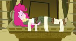 Size: 2916x1581 | Tagged: safe, alternate version, artist:nie-martw-sie-o-mnie, derpibooru import, part of a set, pinkie pie, human, equestria girls, g4, read it and weep, alternate character, bondage, boots, clothes, explorer outfit, eyes closed, female, gag, hat, peril, pith helmet, shoes, solo, tape, tape bondage, tape gag