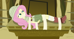 Size: 2928x1550 | Tagged: safe, alternate version, artist:nie-martw-sie-o-mnie, derpibooru import, part of a set, fluttershy, human, equestria girls, g4, read it and weep, alternate character, bondage, boots, clothes, explorer outfit, female, gag, hat, peril, pith helmet, shoes, shorts, socks, solo, tape, tape bondage, tape gag