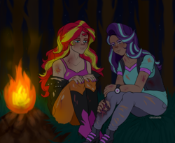 Size: 2448x2010 | Tagged: safe, artist:chickaddeart, artist:icicle-niceicle-1517, derpibooru import, starlight glimmer, sunset shimmer, human, g4, alternate universe, beanie, blood, boots, bruised, campfire, clothes, commission, cut, cutie mark on human, cutie mark tattoo, denim, duo, duo female, female, fire, grass, hat, high heel boots, humanized, infection au, jacket, jeans, leather, leather jacket, logs, night, pants, scar, shirt, shoes, sitting, survivors, t-shirt, tanktop, tattoo, torn clothes, tree, vest, watch, wood, wristwatch