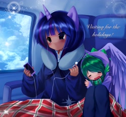 Size: 3221x3000 | Tagged: safe, artist:bonnybel_, derpibooru import, spike, twilight sparkle, human, blanket, clothes, dark skin, earbuds, hoodie, horn, horned humanization, humanized, neck pillow, scarf, winged humanization, wings