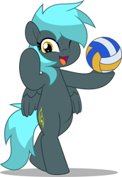 Size: 3449x5000 | Tagged: safe, artist:jhayarr23, derpibooru import, oc, oc:storm aura, pegasus, pony, fallout equestria, ball, bipedal, commission, commissioner:solar aura, mane in face, one eye closed, pegasus oc, simple background, solo, sports, transparent background, volleyball, wings, wink