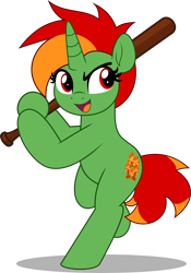 Size: 3508x5000 | Tagged: safe, artist:jhayarr23, derpibooru import, oc, oc:blazing haze, pony, unicorn, baseball bat, bipedal, commission, commissioner:solar aura, green pony, horn, pixie cut, red eyes, short hair, simple background, sports, tomboy, transparent background, unicorn oc