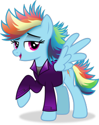 Size: 3186x4035 | Tagged: safe, artist:anime-equestria, derpibooru import, rainbow dash, pegasus, pony, g4, alternate hairstyle, clothes, female, jacket, lidded eyes, looking at you, mare, open mouth, open smile, raised hoof, raised leg, simple background, smiling, solo, spread wings, transparent background, vector, wings