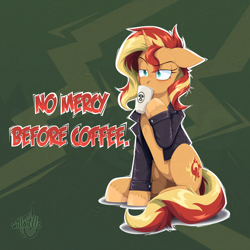 Size: 2000x2000 | Tagged: safe, artist:willoillo, derpibooru import, sunset shimmer, pony, unicorn, g4, art, clothes, coffee, horn, illustration, jacket, leather, leather jacket, meme, solo