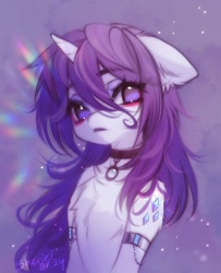 Size: 875x1080 | Tagged: safe, artist:shenki, derpibooru import, rarity, pony, unicorn, g4, abstract background, alternate hairstyle, alternative cutie mark placement, arm bands, armband, chest fluff, collar, draw this in your style, ear fluff, ears, eyeshadow, female, floppy ears, fluffy, hair over face, half body, horn, looking at you, makeup, mare, messy mane, no pupils, shoulder cutie mark, shoulder fluff, solo