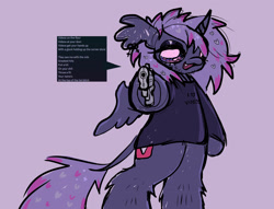 Size: 2048x1565 | Tagged: safe, artist:larvaecandy, derpibooru import, oc, oc only, oc:top five videos, alicorn, pony, semi-anthro, alicorn oc, clothes, colored sclera, colored sketch, curved horn, dialogue, ear fluff, ear piercing, earring, ears, eyelashes, eyeshadow, facial hair, fangs, fluffy mane, gun, hoof hold, horn, jewelry, leg fluff, leonine tail, lidded eyes, looking at you, lyrics, makeup, no pupils, open mouth, open smile, piercing, pointing gun, purple coat, purple eyes, purple eyeshadow, purple mane, purple sclera, purple tail, singing, sketch, smiling, smiling at you, solo, sparkly mane, sparkly tail, speech bubble, spread wings, standing, sweater, tail, talking, text, two toned mane, two toned tail, unicorn horn, vulgar, vylet pony, weapon, wingding eyes, wings