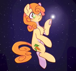 Size: 1805x1699 | Tagged: safe, artist:sillyp0ne, derpibooru import, carrot top, golden harvest, earth pony, pony, g4, blush lines, blushing, chest fluff, curly hair, curly mane, curly tail, eye clipping through hair, eyebrows, eyebrows visible through hair, female, floating, frog (hoof), full moon, green eyes, in air, long mane, long tail, looking at something, mare, moon, night, orange mane, orange tail, outdoors, palindrome get, raised hoof, raised leg, signature, solo, starry background, stars, tail, text, thin, underhoof, white pupils, yellow coat