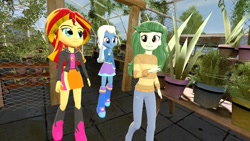 Size: 1920x1080 | Tagged: safe, artist:oatmeal!, derpibooru import, sunset shimmer, trixie, wallflower blush, human, equestria girls, g4, 3d, boots, clothes, female, flower pot, garden, gmod, greenhouse, group, high heel boots, hoodie, jacket, looking at each other, looking at someone, looking up, plant, pointing, potted plant, shirt, shoes, skirt, sunset shimmer's skirt, trio, trio female, walking