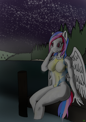 Size: 847x1200 | Tagged: safe, artist:aegishailstorm, artist:twotail813, derpibooru import, oc, oc only, oc:northstar, anthro, pegasus, plantigrade anthro, clothes, female, lake, looking at something, night, one-piece swimsuit, outdoors, pier, pine tree, signature, solo, stars, swimsuit, trace, tree, water, wonderbolts swimsuit