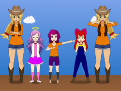 Size: 2000x1500 | Tagged: safe, derpibooru import, apple bloom, applejack, rainbow dash, scootaloo, sweetie belle, human, g4, belt, boots, clothes, cowboy boots, cowboy hat, cutie mark crusaders, denim, hat, high heel boots, humanized, jeans, kisekae, pants, self paradox, shirt, shoes, shorts, skirt, socks, vest