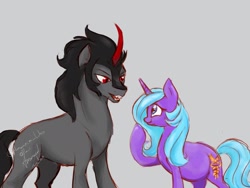 Size: 2160x1620 | Tagged: safe, artist:amanecerlobo, derpibooru import, idw, king sombra, radiant hope, pony, umbrum, unicorn, duo, duo male and female, female, gray background, horn, male, mare, pregnant, ship:hopebra, shipping, simple background, stallion, straight