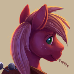 Size: 1200x1200 | Tagged: safe, artist:tsitra360, derpibooru import, big macintosh, earth pony, pony, g4, beige background, bust, lidded eyes, looking at you, looking back, looking back at you, male, simple background, smiling, smiling at you, solo, stallion, straw in mouth