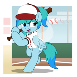 Size: 5000x5000 | Tagged: safe, artist:jhayarr23, derpibooru import, oc, oc only, oc:stormy waters, pegasus, pony, semi-anthro, baseball, baseball bat, baseball cap, bipedal, cap, commission, hat, pegasus oc, running, solo, sports, standing, standing on one leg, ych result