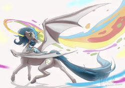 Size: 1280x905 | Tagged: safe, artist:blackfiredeath, derpibooru import, oc, oc only, oc:pearly lime, bat pony, pony, abstract background, bat pony oc, blue mane, blue tail, butt, colored eyebrows, cyan mane, cyan tail, female, female oc, gray coat, green eyes, long mane, long tail, looking at you, looking back, looking back at you, mare, mare oc, mouth hold, one wing out, paint, paintbrush, partially open wings, plot, plushie, pokémon, shadow, signature, slit eyes, smiling, solo, tail, underhoof, vaporeon, wings