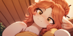 Size: 2400x1200 | Tagged: safe, ai content, derpibooru import, machine learning generated, oc, oc only, oc:victoria orlova, earth pony, pony, :3, chest fluff, female, freckles, golden eyes, hairstyle, mare, offscreen character, orange hair, pov, prompter:greesys, smiling, solo