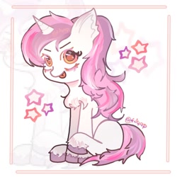 Size: 1280x1280 | Tagged: safe, artist:filyap, derpibooru import, oc, oc only, oc:sweetieck dreams, pony, unicorn, g4, border, chest fluff, colored hooves, cute, ear fluff, ears, eyelashes, female, filly, foal, hooves, horn, mare, not sweetie belle, orange eyes, purple hooves, raised leg, signature, sitting, smiling, solo, stars, tail, tongue, tongue out, two toned mane, two toned tail, unicorn horn, unshorn fetlocks, zoom layer