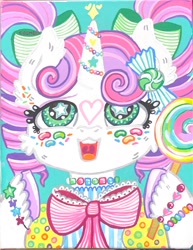 Size: 1788x2316 | Tagged: safe, derpibooru import, sweetie belle, unicorn, candy, food, horn, solo, starry eyes, traditional art, wingding eyes